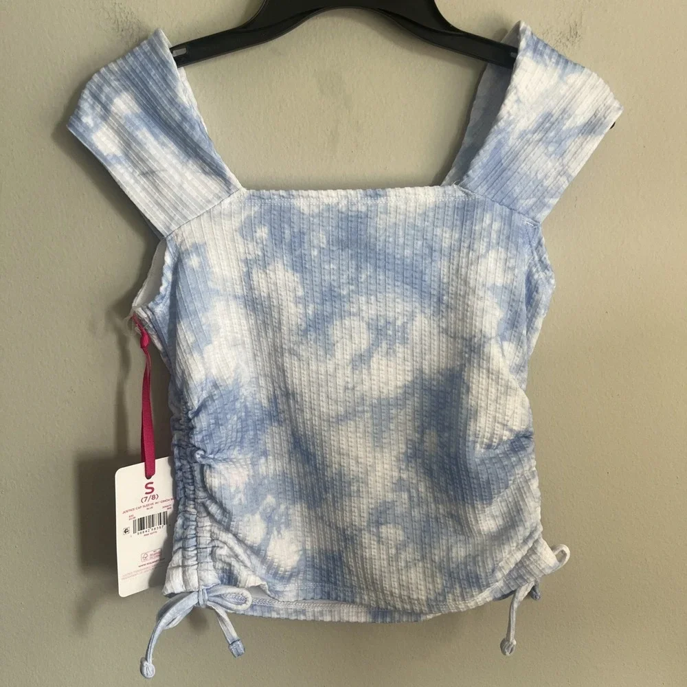 T-shirt Girls Tie-Dye Cap Sleeve Square Neck Ruched Blue/White S 7-8  New